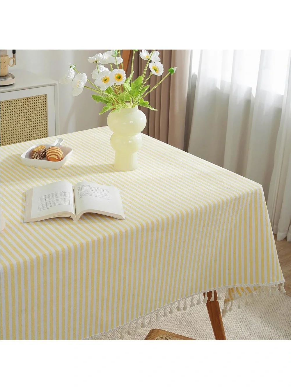 NEW Striped 36” square, cotton blend tablecloth. Yellow & White